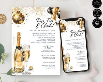 Modelo de convite para festa de Réveillon: Pop Fizz Clink, editável no Canva (Evite Digital) NY6b