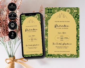 Op de afbeelding: Een digitale uitnodiging voor een Ramadan Iftar-diner, weergegeven op een smartphone en een gedrukte kaart. Het ontwerp heeft een gouden boog met een moskee-silhouet, groene bloemenranden en de tekst "Ramadan Iftar Dinner".