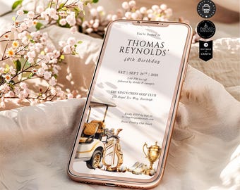 Classic Editable Golf Theme Birthday Evite for Men 40th Party, Forty Celebration, Digital, Phone, Email Text WA, Canva 1080x1920 Pix, BD125a