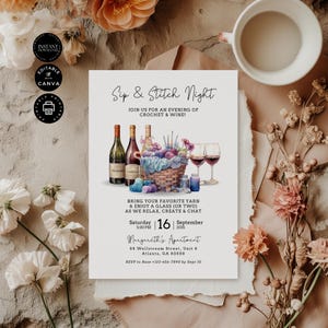 Modèle d'invitation à une soirée gorgée de points, crochet, tricot, fil, vin rouge, création artisanale, carte d'invitation de nuit, édition sur toile 5 x 7" imprimable, ES02