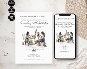 Paint & Sip 50th Birthday Invitation Template, Paintbrushes Pinot Party, Digital Invite Printable, Text Email SMS, Edit Canva 2 Size, BD90b