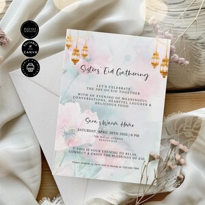 Eid Mubarak Sister&#39;s Gathering Invitation Template, Ladies Dinner Party Invite, Eid al-Fitr Muslim, Edit in Canva 5x7&quot;, Inst Download, RM05