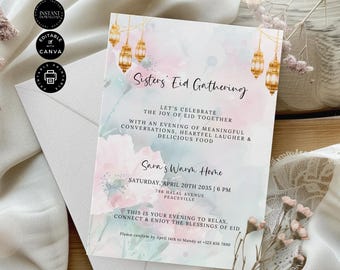 Eid Mubarak Sister's Gathering Invitation Template, Ladies Dinner Party Invite, Eid al-Fitr Muslim, Edit in Canva 5x7", Inst Download, RM05