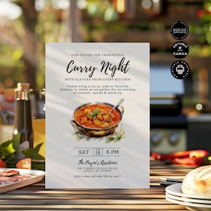 Plantilla de invitación para cena de noche de curry, reunión trimestral, tarjeta de invitación para reunión de amigos y familiares, edición imprimible Canva 5x7", EC01