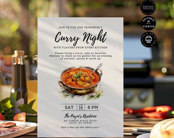 Curry Night Dinner Party Invitation Template, Trimonthly gathering, Family Friends get together Invite Card, Printable Edit Canva 5x7", EC01