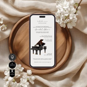 May include: A white and purple mobile phone screen displaying a piano recital invitation. The invitation features a black grand piano, the text "tickle the ivories you're invited!" and the name "Annabel Adams".