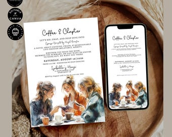Modelo de convite para reunião de clube do livro, convite por telefone, encontro para um café, convite para festa de clube do livro, convite para diário de leitura, para impressão, tamanho Canva 2, LEIA