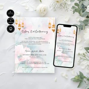 Plantilla de invitación para la fiesta de las hermanas de Eid, invitación a la cena musulmana de Eid al-Fitr y Evite, electrónica, Canva 2 tamaños, descarga instantánea, RM05b