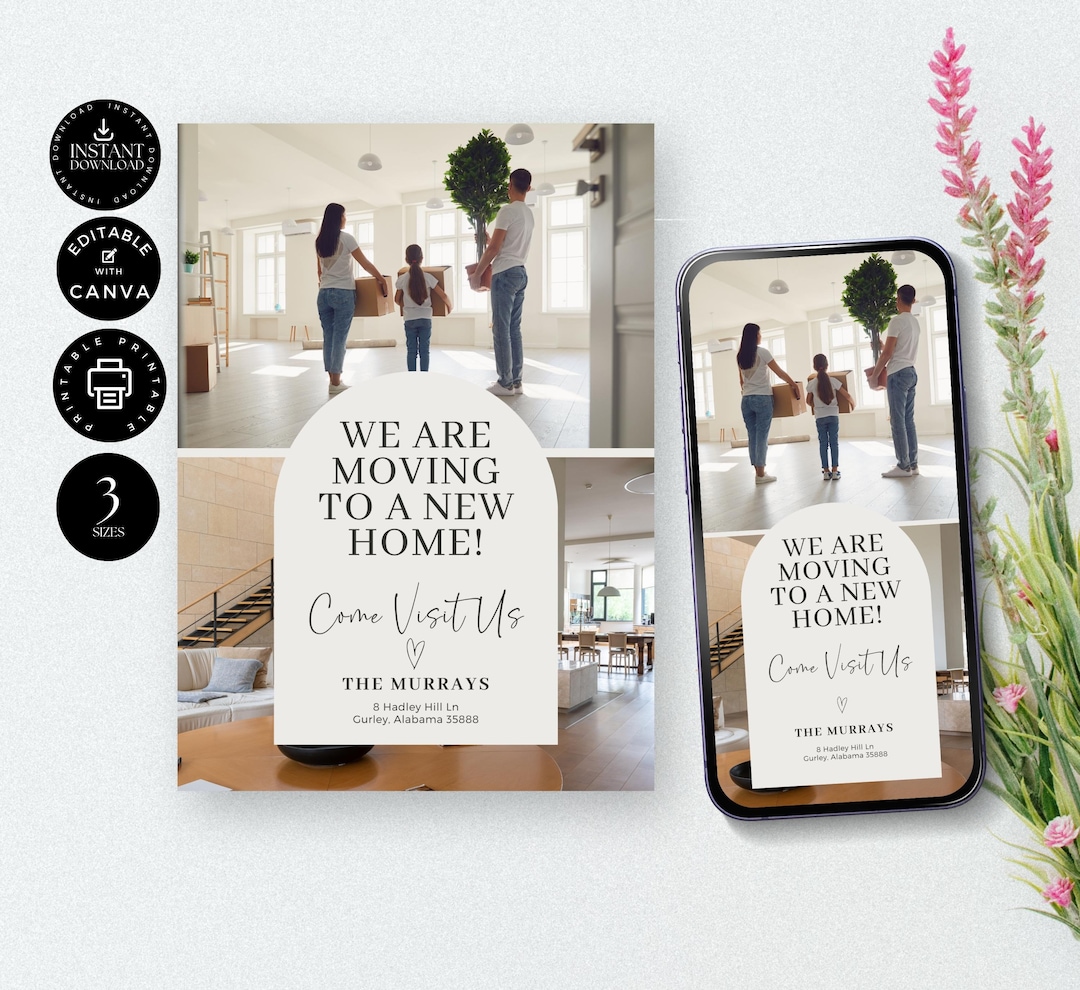 Moving Home Announcement Template, New Address, House Warming, Family