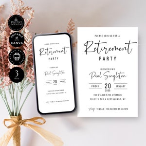 Retirement Party Invitation Template, Minimal Celebration Invite, Modern Editable, Phone, Text Email, Canva 3 Size, Instant Download, E11b