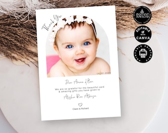 May include: A white card with a photograph of a smiling baby with blue eyes and a floral headband. The card includes the text "Thank You", "Dear Amara & Ben", and a message of gratitude. Additional text includes "INSTANT DOWNLOAD", "EDITABLE WITH CANVA", and "PRINTABLE".