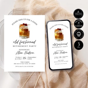 Modèle d'invitation à une fête de départ à la retraite, célébration de la retraite à l'ancienne, modifiable, imprimable moderne, taille toile 3, téléchargement immédiat, E24b