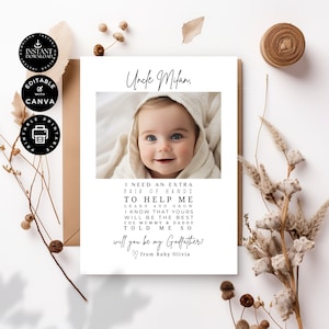 Plantilla de tarjeta de propuesta de matrimonio minimalista clásica y moderna con texto "¿Quieres ser mi padrino?", para niña, editable en Canva, 5 x 7 pulgadas, imprimible, para fiesta de bodas, GF13