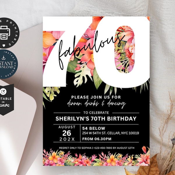 Tropical Flower 70th Birthday Invitation, Dinner, Drinks & Dance Party Invite, Editable Canva Template 5x7" Printable, Instant Download BD11