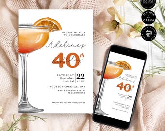 May include: A digital invitation for a 40th birthday party. The invitation features a watercolor illustration of a cocktail with an orange slice. The text on the invitation reads "Please join us to celebrate Adeline's 40th Birthday. Saturday, December 22, 7:00 PM 2035. Rooftop Cocktail Bar, 888 Swanson Street, Melbourne. RSVP to Mel +123 456 7890 by Nov 16."