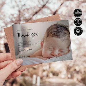 Newborn Thank You Card Template, Photo Welcome Card New Baby Boy, Printable Birth Announcement,  Edit in Canva 7x5", Instant Download, TY06