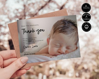 May include: A thank you card with a photo of a sleeping newborn baby. The card reads "Thank you" and includes the text "For your lovely card, thoughtful gifts & warm wishes on the arrival of our bundle of joy".