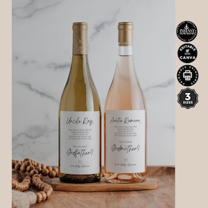 Modelo de proposta clássico Você será minha madrinha e padrinho, rótulo de garrafa de vinho, bebê menina menino, Canva 3 tamanho editável, para impressão, DL01c