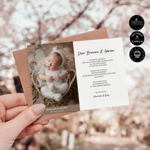 Newborn Thank You Card Template, Photo Welcome Card New Baby Girl, Printable Birth Announcement,  Edit in Canva 7x5", Instant Download, TY10