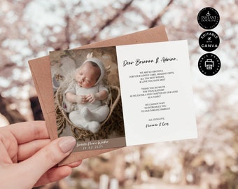 Newborn Thank You Card Template, Photo Welcome Card New Baby Girl, Printable Birth Announcement,  Edit in Canva 7x5", Instant Download, TY10