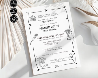 Whimsical Classic Hoedown 16th Birthday Invitation Template, Cowgirl, Drinks Dance Party, Female Invite, Edit in Canva 5x7" Printable, BD107