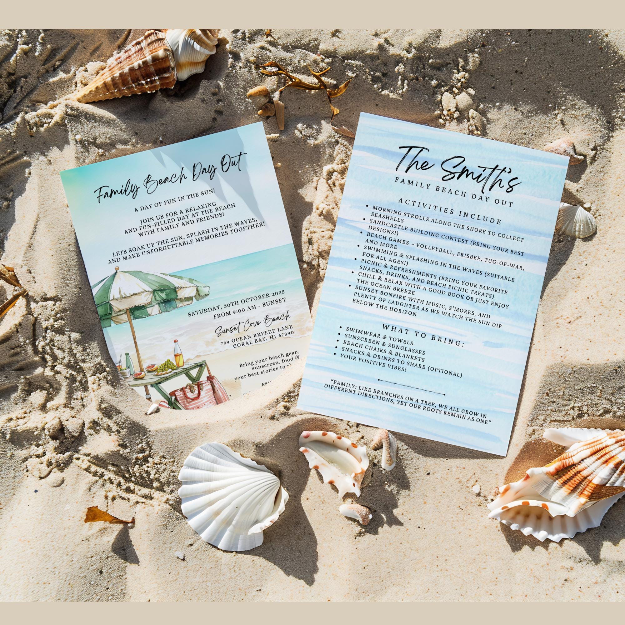 Family Beach Reunion Invitation Template, Gathering Party, Double Sided, Personalized Invite Card, Canva 5x7" Printable Inst Download, FR10