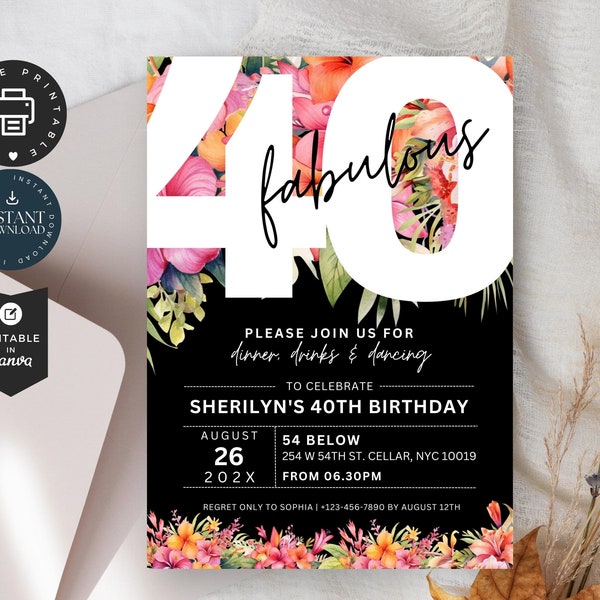 Tropical Flower 40th Birthday Invitation, Dinner, Drinks & Dance Party Invite, Editable Canva Template 5x7" Printable, Instant Download BD09