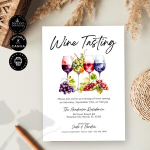 Plantilla de invitación para cata de vinos, fiesta del vino, invitación para cata de vinos a ciegas, fiesta casera, edición imprimible en Canva de 5 x 7 pulgadas, descarga instantánea, P04 imagen 6