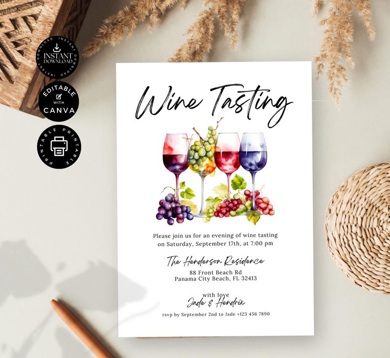 Plantilla de invitación para cata de vinos, fiesta del vino, invitación para cata de vinos a ciegas, fiesta casera, edición imprimible en Canva de 5 x 7 pulgadas, descarga instantánea, P04 imagen 6