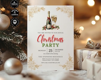 Editable Christmas Party Invitation Template, Dinner Festive, Family Xmas Invite, Holiday Card, Printable Canva 5x7", Instant Download, CR21
