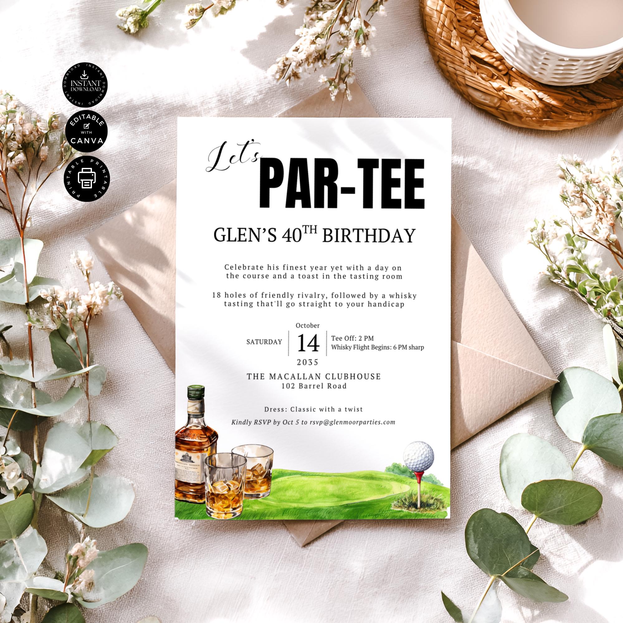 Golf and Scotch Whiskey Birthday Invitation, Men 40th Party Invite Template, Forty Celebration, Male Card, Edit Canva 5x7", Printable, BD128