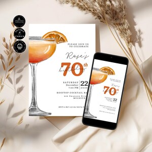 Faire-part d'anniversaire cocktail modifiable moderne, 70e carte imprimable pour adulte, téléphone numérique d'invitation, téléchargement immédiat, toile 2 tailles, BD75b