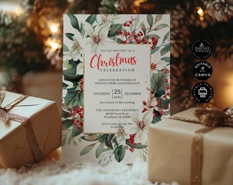 May include: A Christmas celebration invitation with floral and berry accents. The invitation features the text "Christmas Celebration" in red script, with event details. Two wrapped gifts are in the foreground.