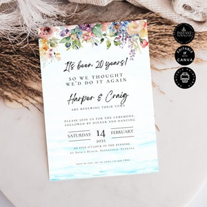 Invitación al 20 aniversario de bodas, Tarjeta de invitación de renovación de votos de boda, Descarga instantánea, Editable, Imprimible, Plantilla, Canva 5x7in, VR22