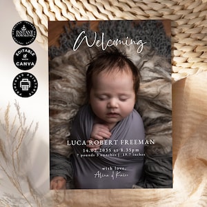 Modèle de faire-part de naissance, carte de naissance avec photo, carte de bienvenue pour nouveau bébé garçon, imprimable, édition sur toile 5 x 7", téléchargement immédiat, B01
