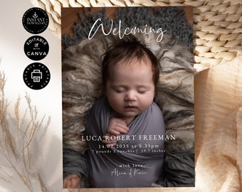 Birth Announcement Template, Newborn Baby Card with Photo, Welcome Card New Baby Boy, Printable,  Edit in Canva 5x7", Instant Download, B01