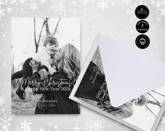 Christmas Card with Photo Template, Printable Xmas Card Photo Holiday, Editable New Years Card with Pictures, Canva, Instant Download, CR12
