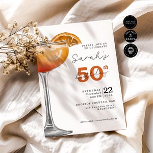 Moderne bewerkbare cocktail uitnodiging voor verjaardagsfeestje, 50e afdrukbare uitnodigingskaart voor volwassenen, Ladies Night, Inst downloaden, Canva-sjabloon 5 x 7", BD70