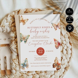 Kaartsjabloon uitnodiging babyshowerfeestje, vlinderkusjes, babywensen uitnodigen, baby onderweg uitnodigen, afdrukbaar, bewerken in canva 5 x 7", BS01