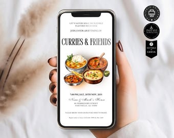 Modelo de convite para jantar com curry, Curries e amigos, Reunião de confraternização, mensagem de texto por e-mail, Editar Canva 1080x1920 pix, EC05a