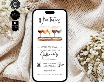 Op de afbeelding: Een digitale uitnodiging voor een wijnproeverij ter ere van Indiana's 30e verjaardag. De uitnodiging bevat een aquarel-illustratie van een wijnproeverijvlucht met vijf glazen wijn. Het evenement vindt plaats op 26 juni 2035 om 16:00 uur bij Messina Winery in Grapevine, Texas.