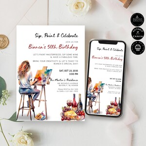 Può includere: Un invito stampabile per una festa di compleanno per il 50° anniversario con un tema di pittura ad acquerello. L'invito presenta una donna che dipinge su una tela con un bicchiere di vino e formaggio sul tavolo. Il testo dell'invito recita "Sip, Paint & Celebrate Bianca's 50th Birthday".