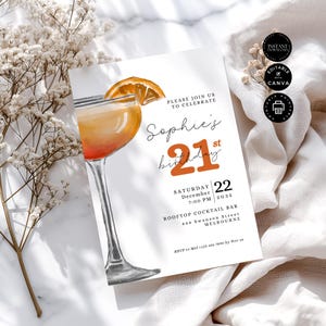 Invitación editable moderna para fiesta de cumpleaños con cóctel, tarjeta de invitación imprimible para adultos número 21, noche de chicas, descarga instantánea, plantilla Canva de 5 x 7", BD73