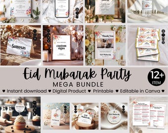 Eid Mubarak Party Set Template, Mega Bundle, Invite Evite, Welcome Sign, Buffet Food, Custom Sign, Thank You, Printable Edit in Canva, RM08n