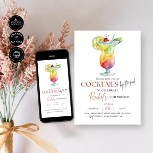 Invito per festa di compleanno con cocktail, invito moderno modificabile per il 30° anniversario, invito digitale per telefono, download immediato, Canva 2 dimensioni, BD03.3
