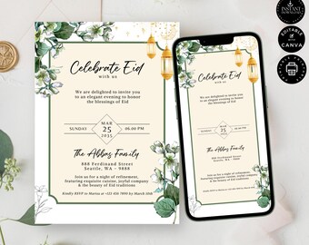 May include: A printable invitation for an Eid celebration. The invitation features a green and white floral design with gold lanterns. The text reads "Celebrate Eid with us" and includes the date, time, and location of the event. The invitation also includes a RSVP contact.