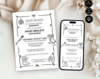 Whimsical 50th Hoedown Birthday Party Invitation & Evite Template, Printable, E-Invite, Female Cowgirl, Western, Edit Canva 2 sizes, BD106b