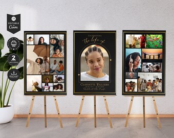 3 Funeral Photo Collage Sign Template | Black and Gold Theme Canva Instant Download Woman or Man DIY Printable Sign | 18x24", 24x36"| PF.03