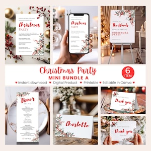 Modelo de festa de Natal editável Mini Bundle A, convite, evite, menu de placa de boas-vindas, cartão de lugar, obrigado, impressão instantânea, download, Canva CR15