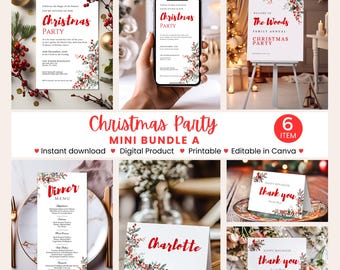 Editable Christmas Party Template Mini Bundle A, Invite Evite, Welcome Sign Menu, Place Card, Thank You  Printable Inst Download, Canva CR15